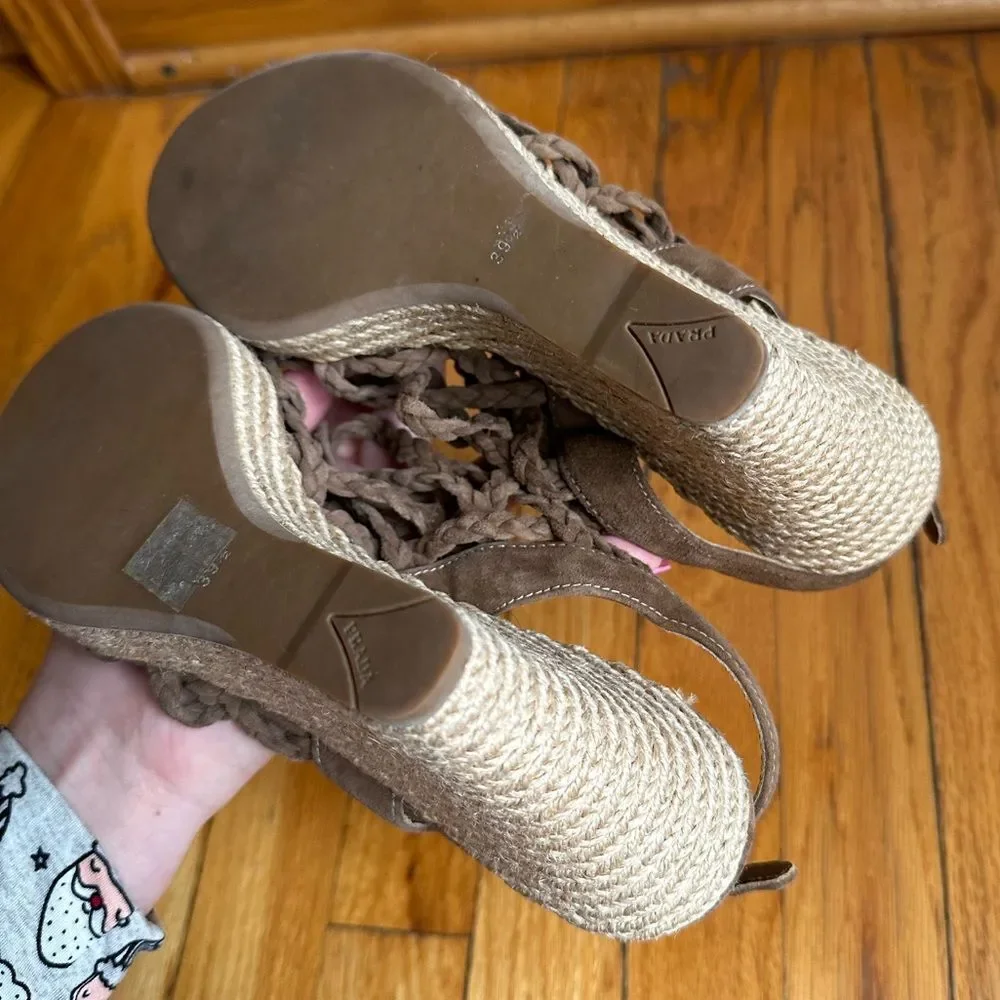 Prada wedges braised‎ rope 100% leather suede beige tan woven Sandal size 9.5